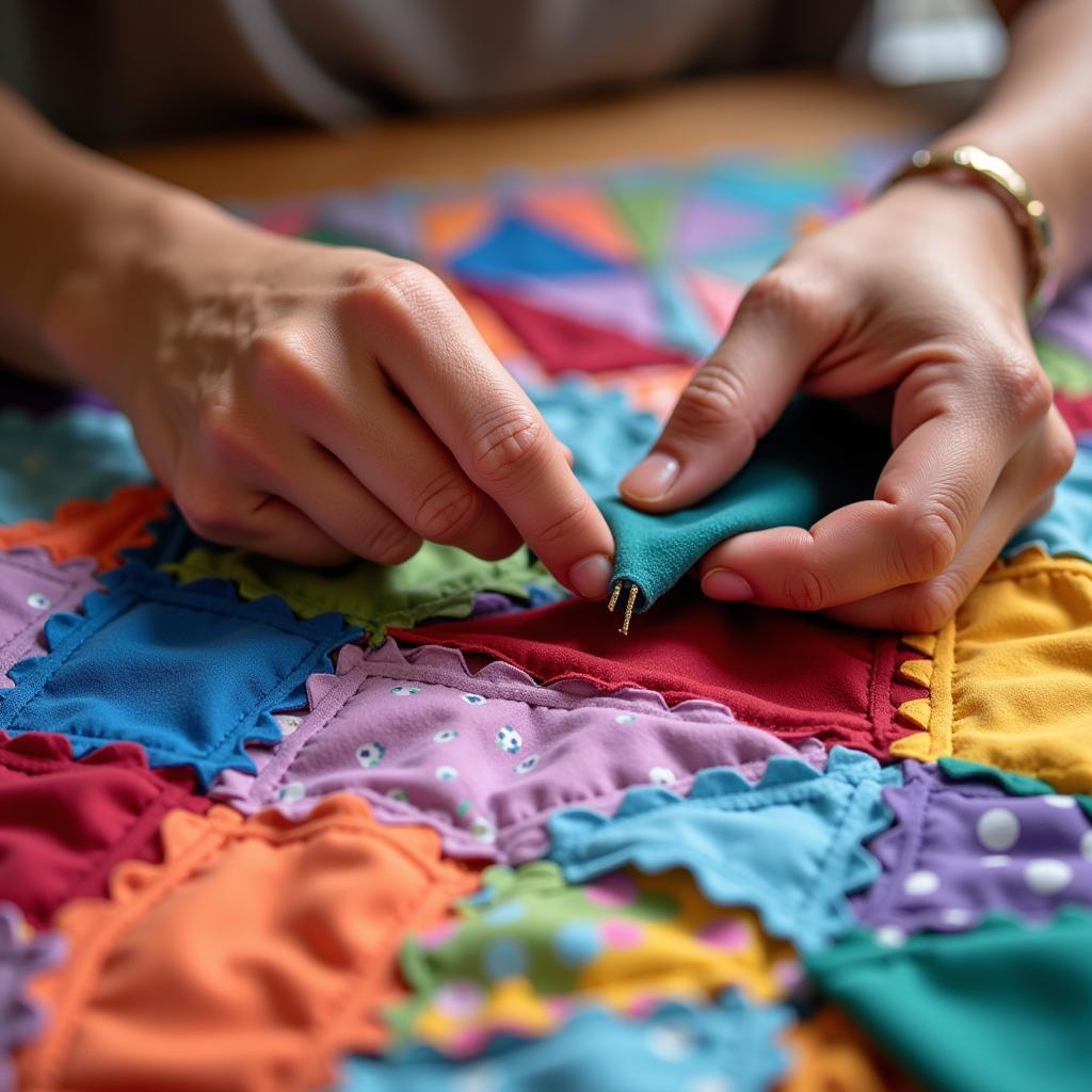 Hands stitching together a peace quilt