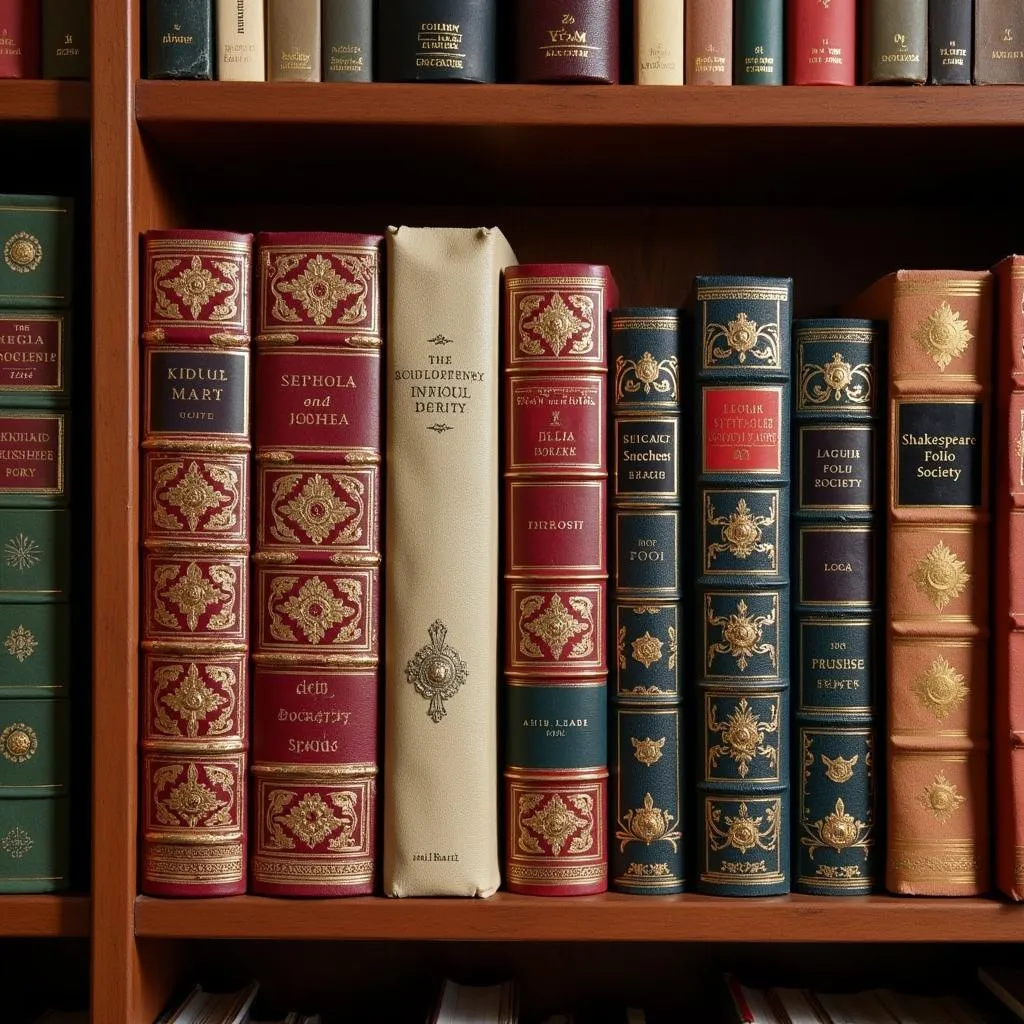 A collection of Shakespeare Folio Society books on a shelf