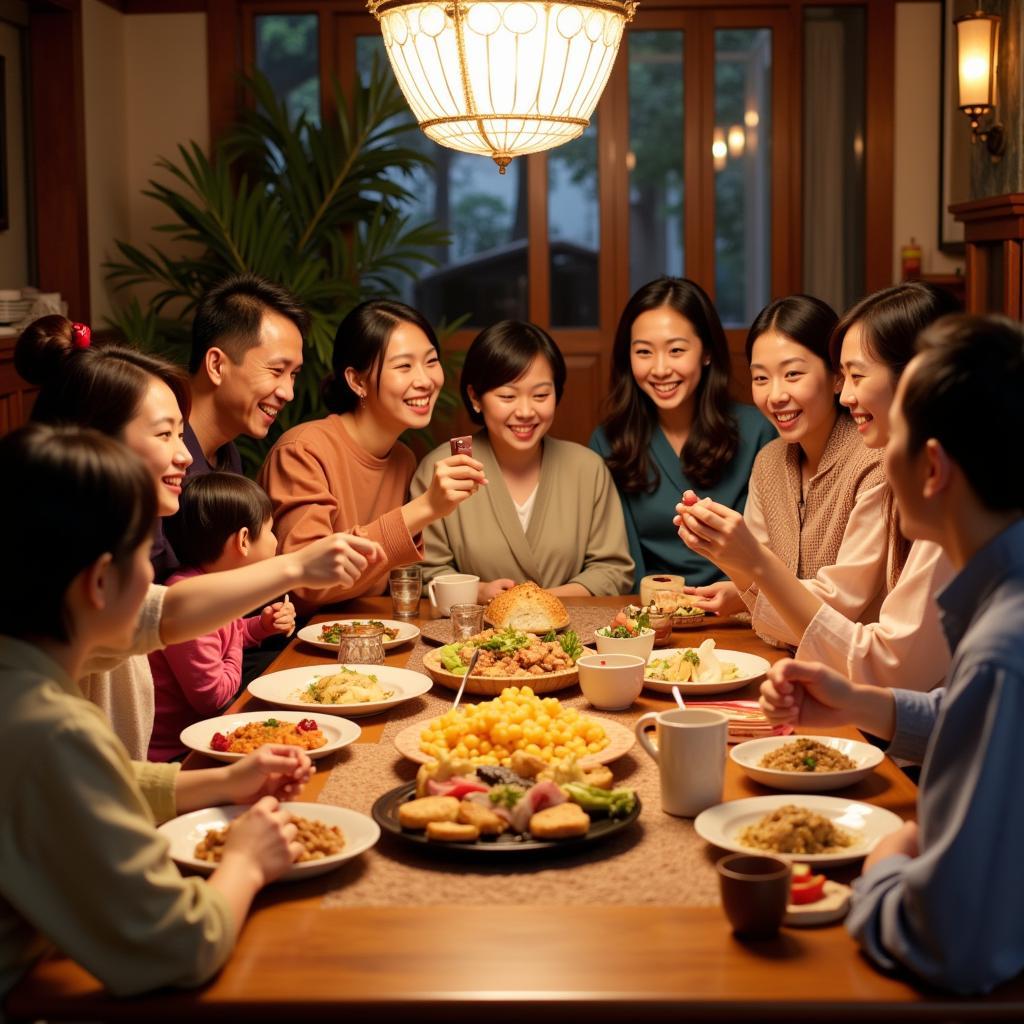 A group of people dressed in traditional East Asian clothing sharing a meal