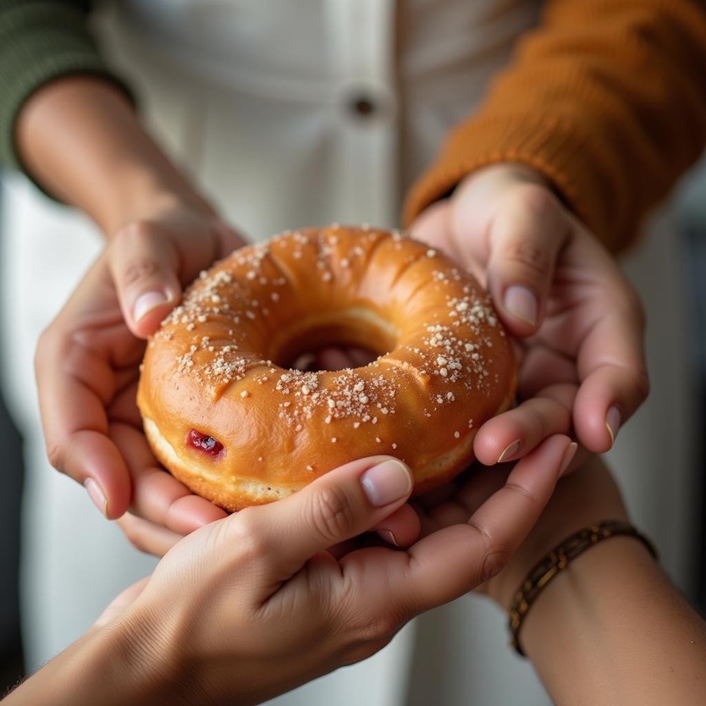 Two hands exchanging a donut