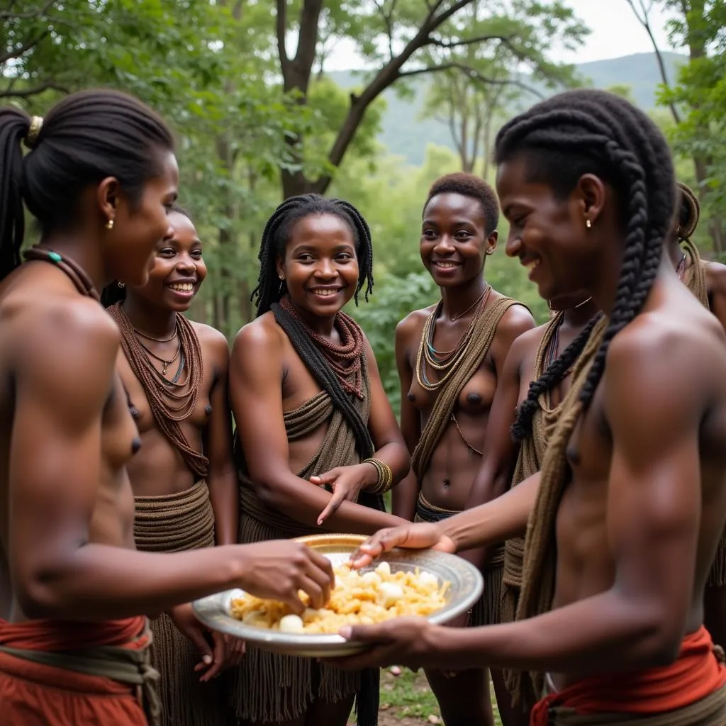 Foraging tribe members sharing food