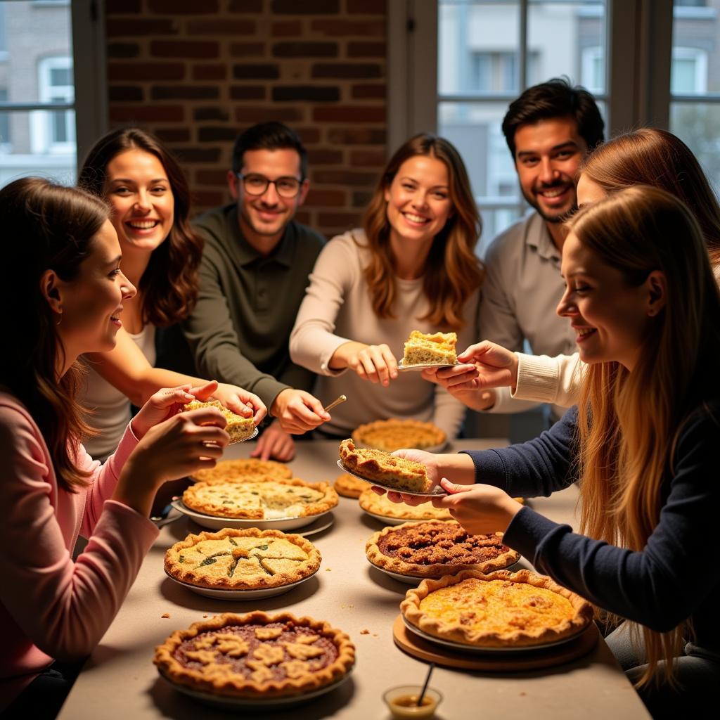 People from different cultures sharing pies at a community event