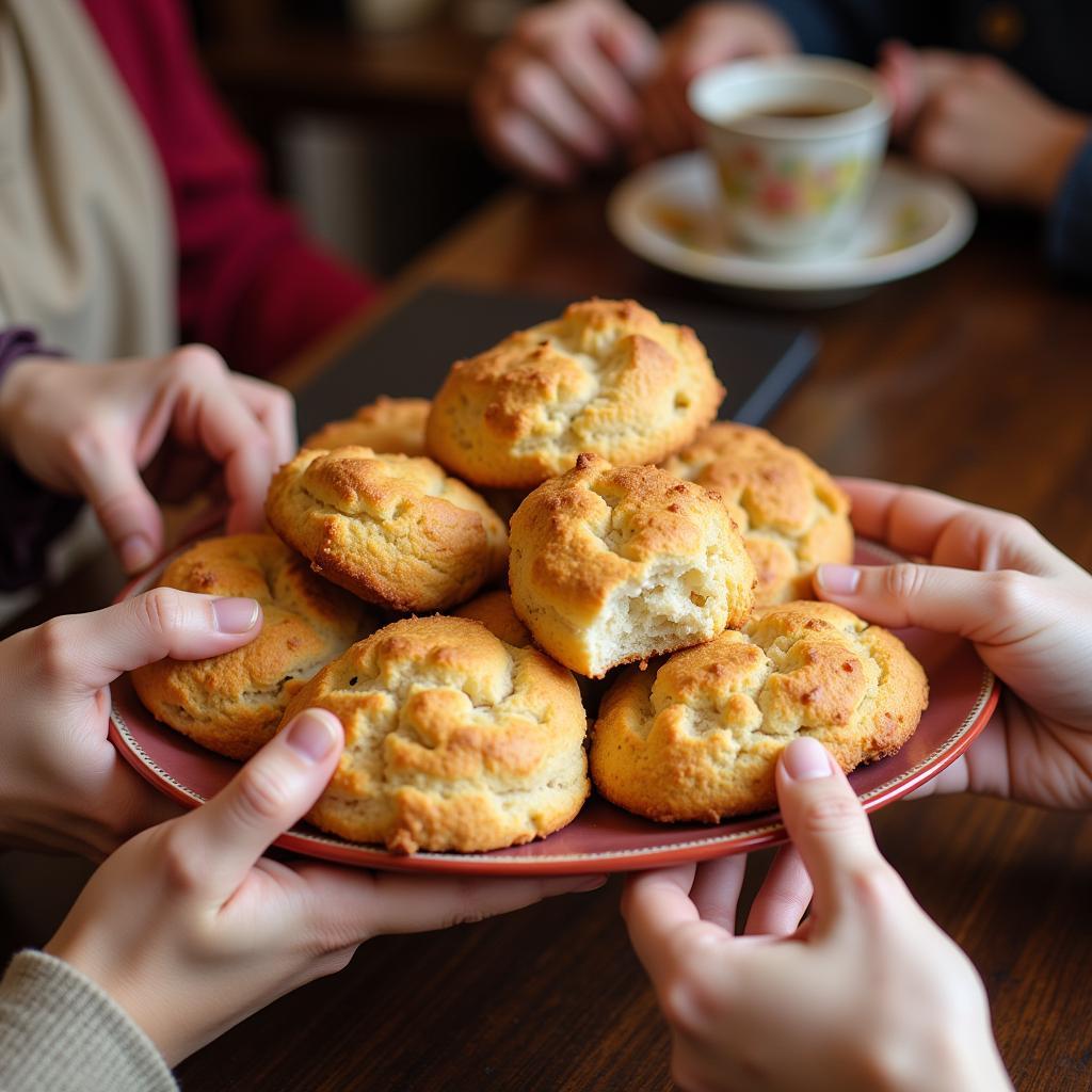 Members of the book club passing around a plate of freshly baked scones, smiles exchanged