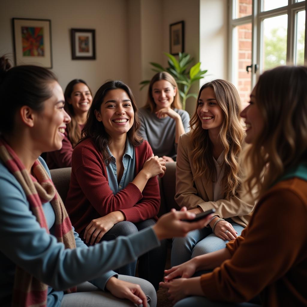 A group of people gathered together, smiling and engaged in conversation.