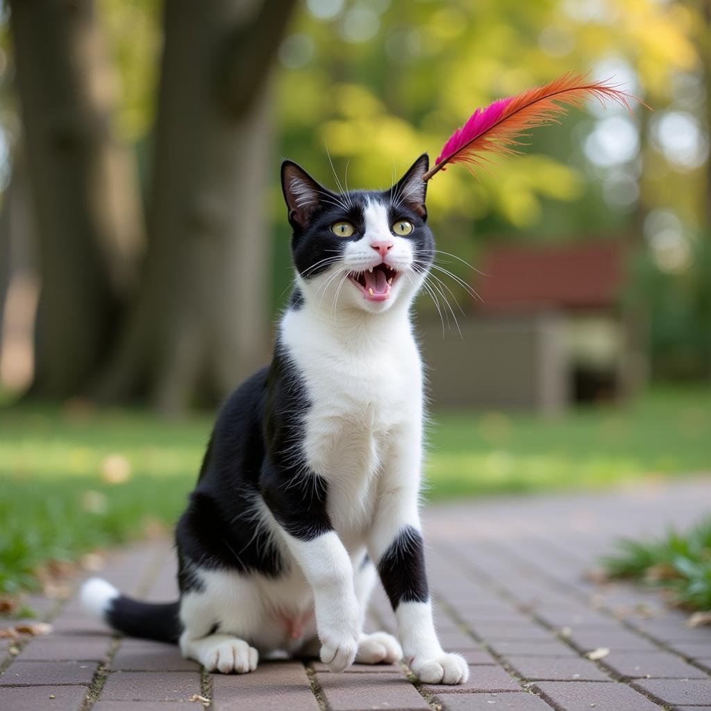 Playful cat enjoying a feathered toy at the shelter.