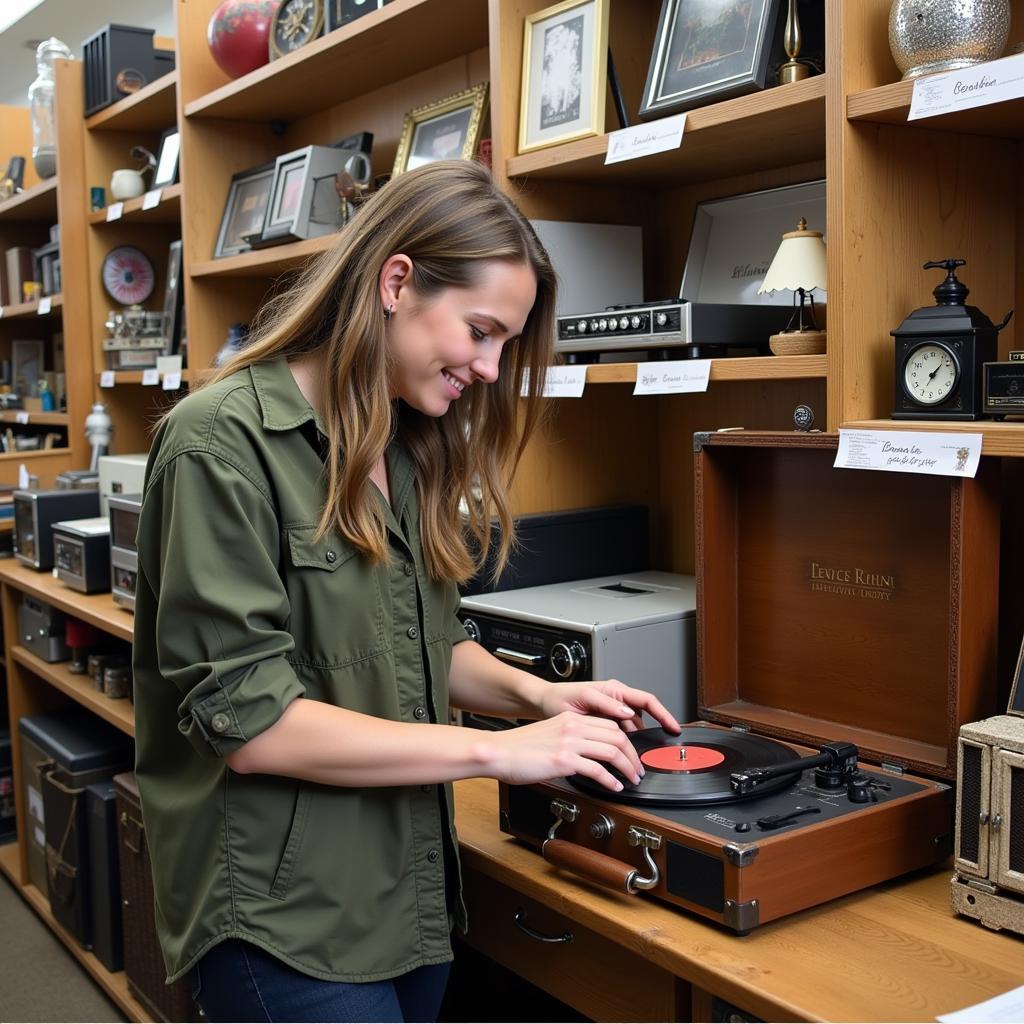 A shopper excitedly discovering a vintage record player at the Whatcom Humane Society Thrift Shop