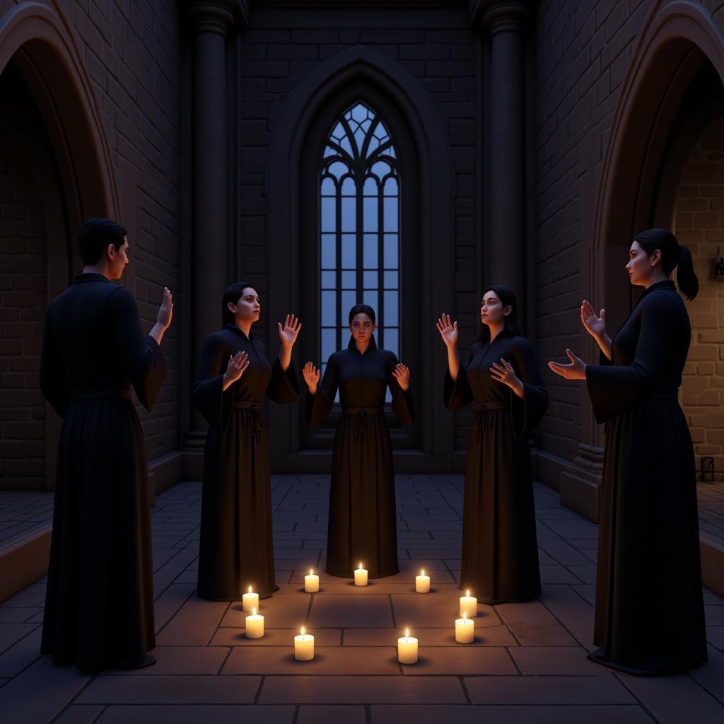 Sims performing a ritual inside a dimly lit building