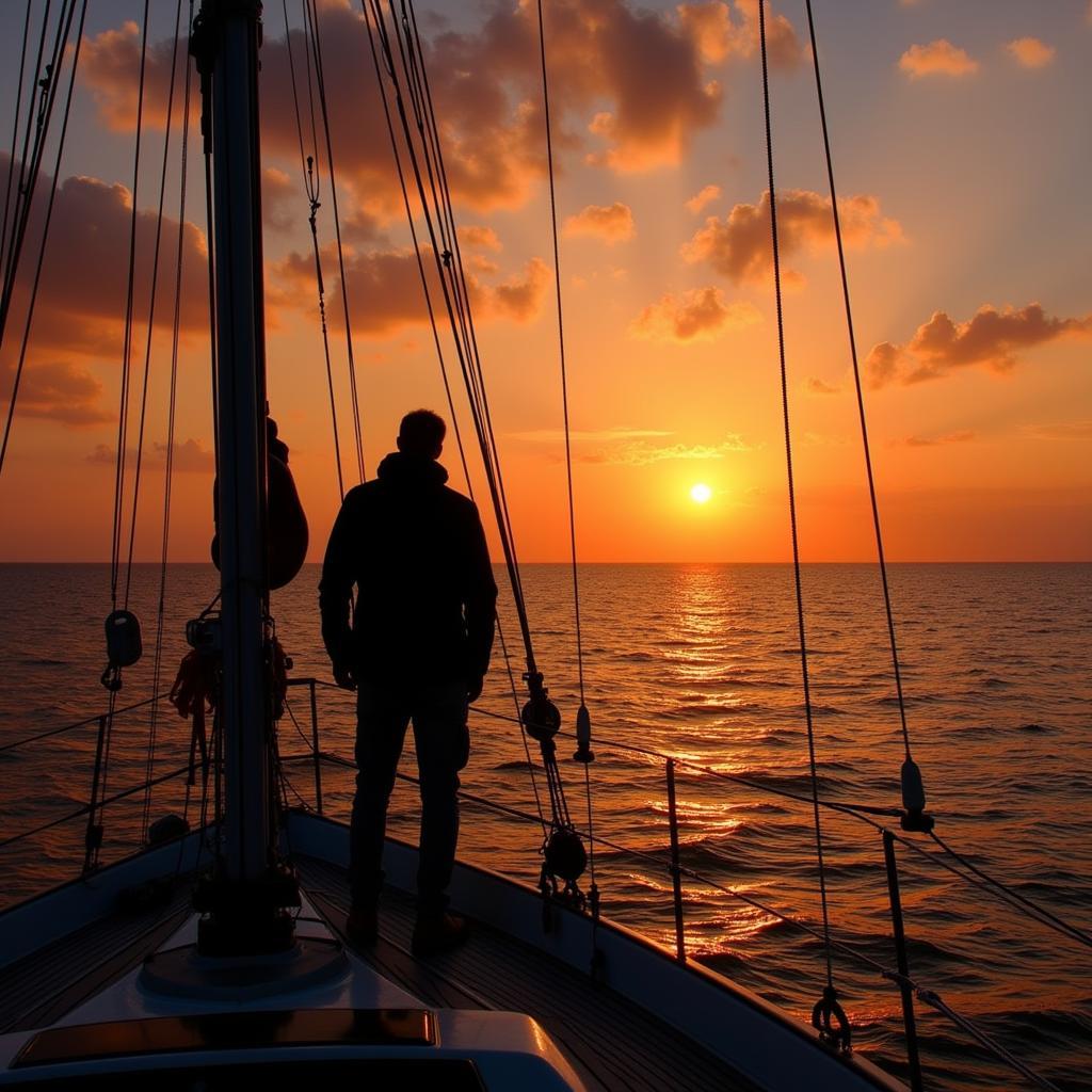 Singlehanded sailor silhouetted against a vibrant sunset