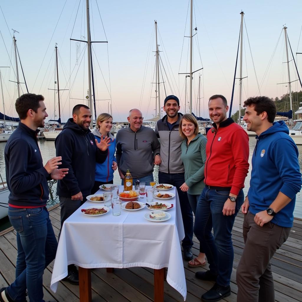 Group of singlehanded sailors sharing stories at a dockside gathering