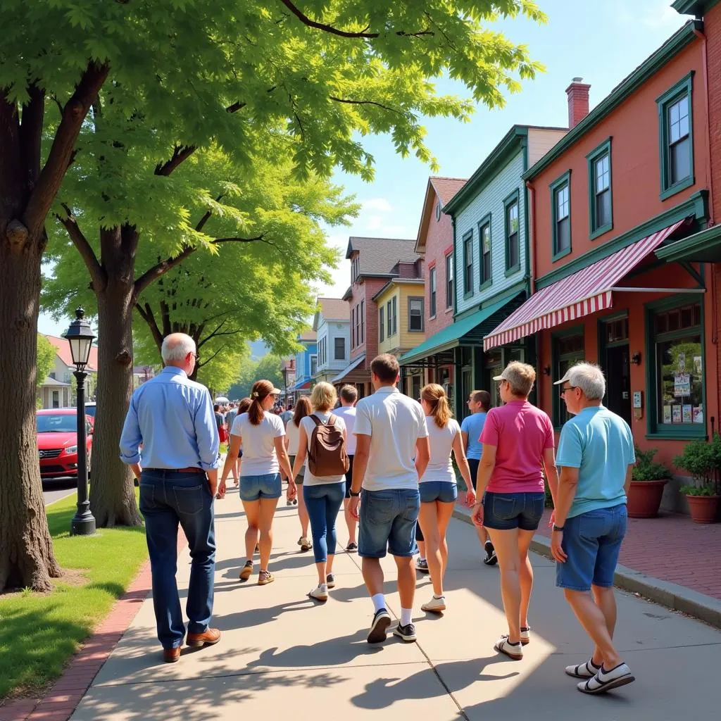 Group of people participating in a historical walking tour in Sister Bay