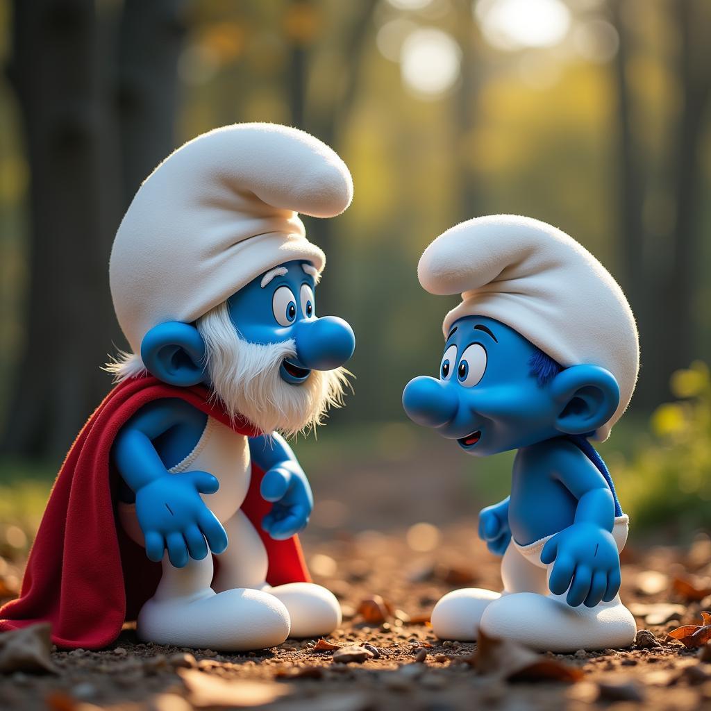 Papa Smurf mediates a disagreement between two Smurfs