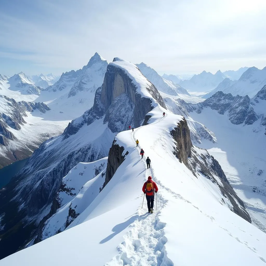 Hikers on Snowy Mountain