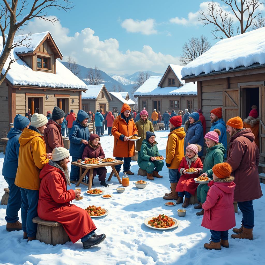 Community gathering in a snow-covered village square