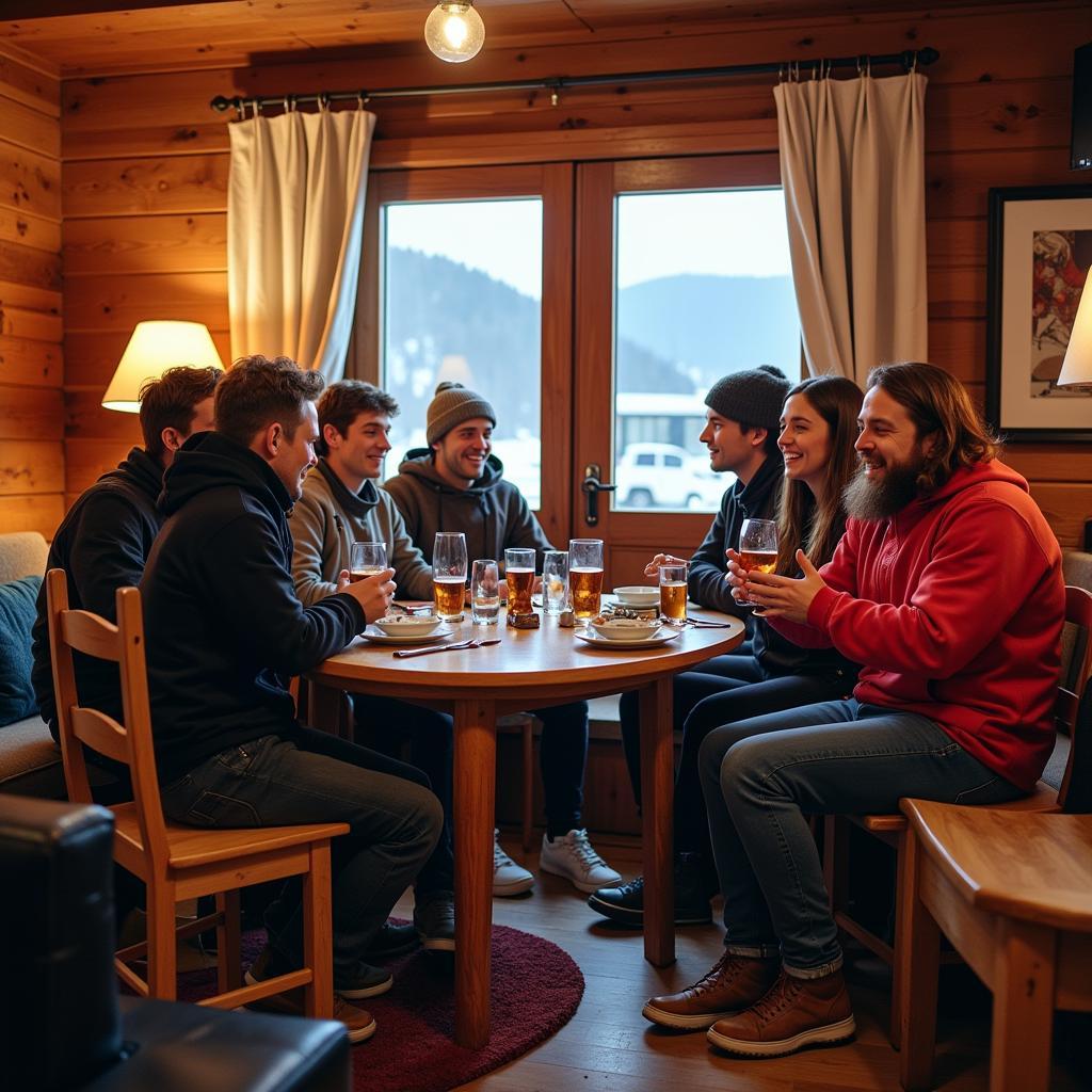 Group of friends enjoying apres-ski drinks and festivities at a mountaintop chalet.