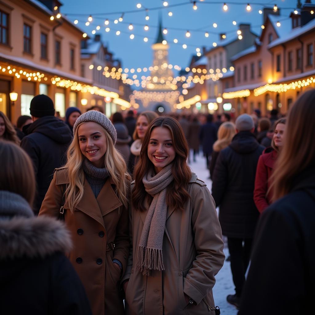 People gathering in a snowy landscape