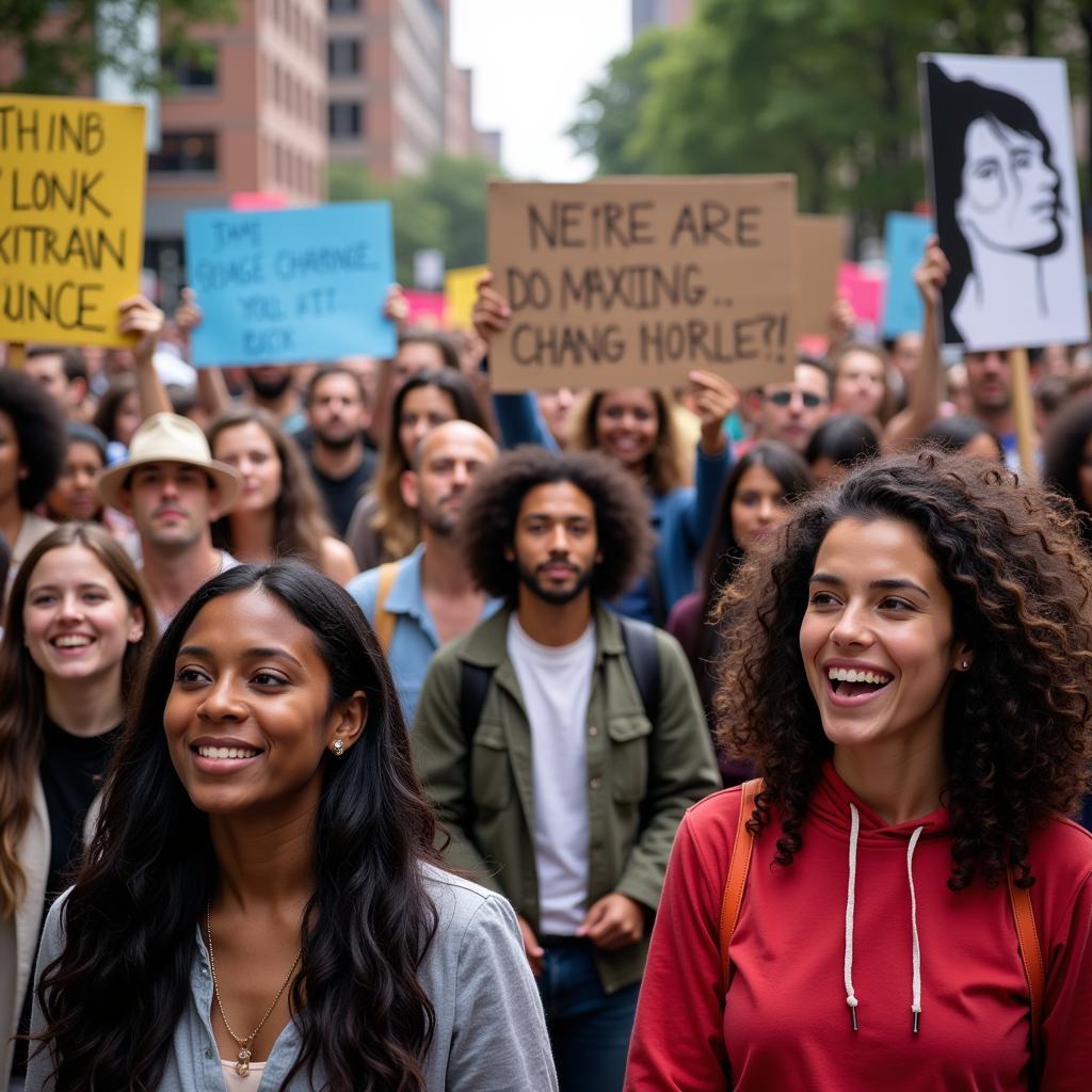 Diverse groups of people participating in a peaceful protest