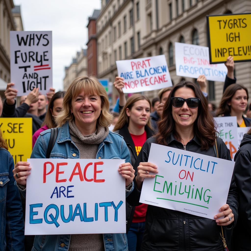 People holding signs advocating for peace and equality