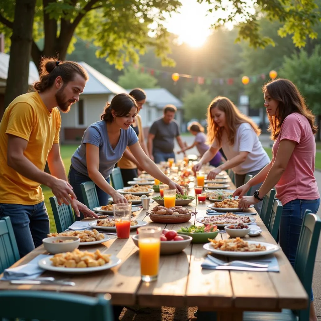 Volunteers setting up for a society barbecue, fostering community engagement