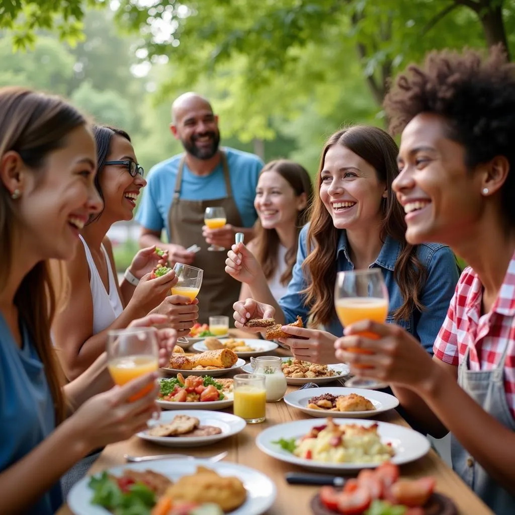 Diverse group of people enjoying a society barbecue