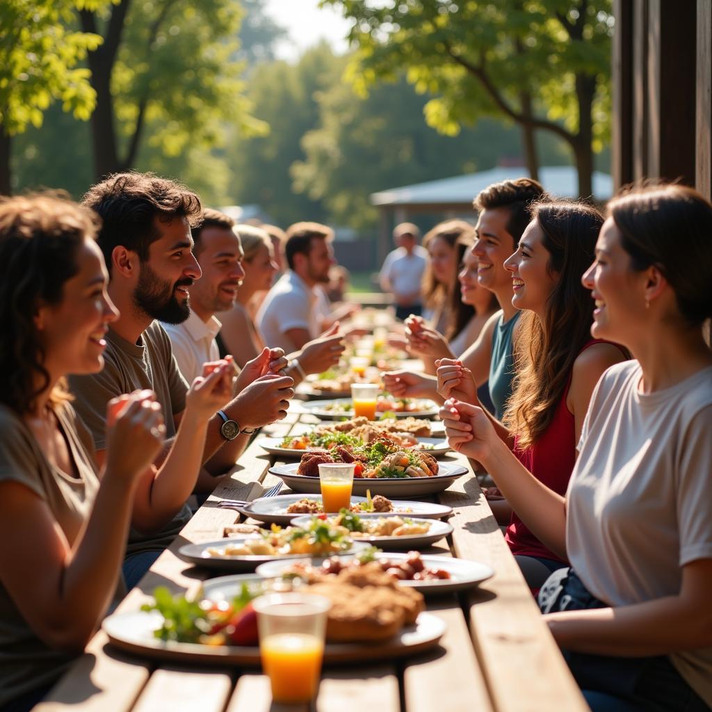 People gathering around tables at a Society BBQ event