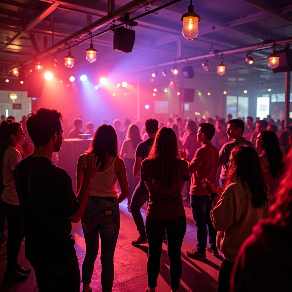 A live band playing at a Society BBQ event, with attendees dancing and enjoying the music