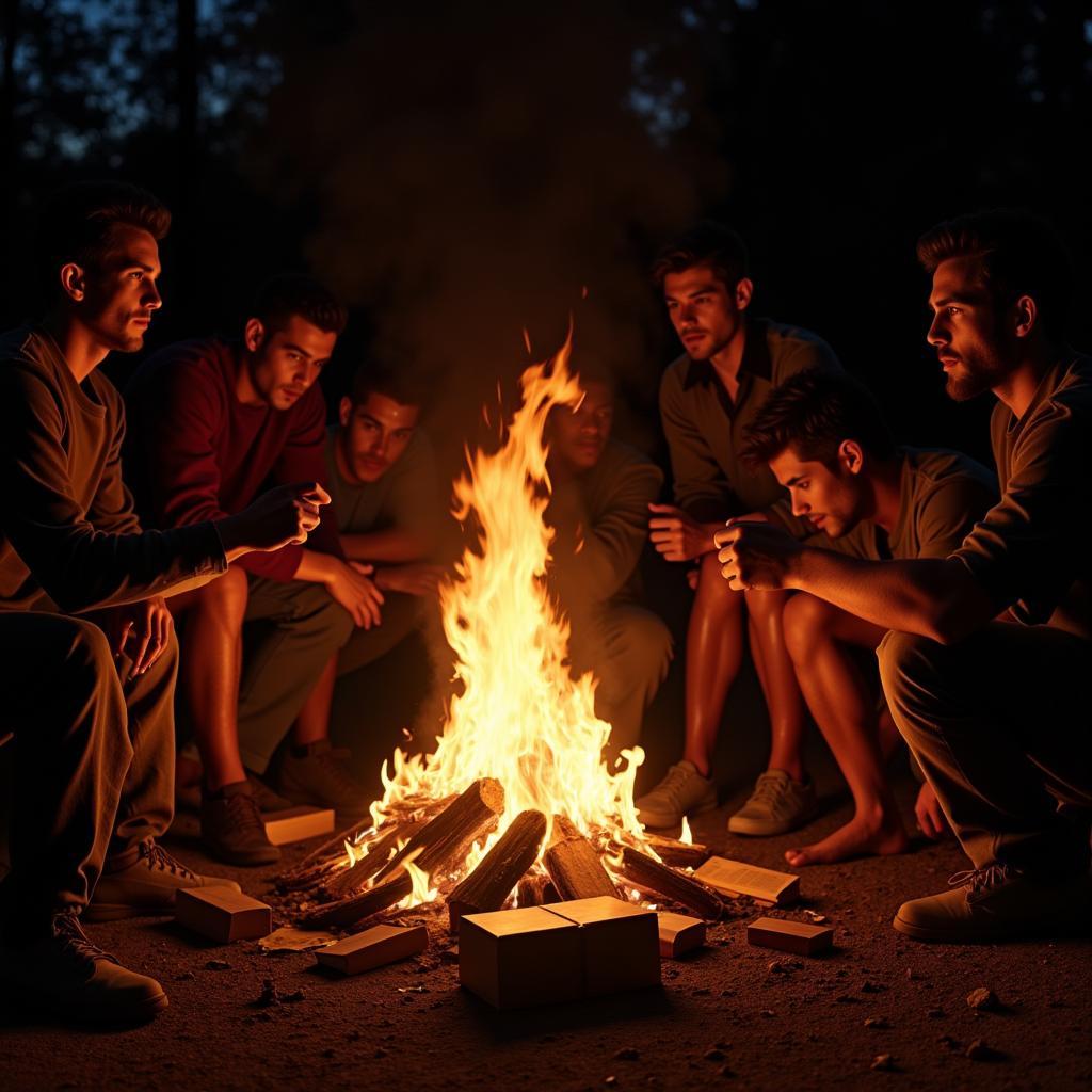 People gathered around a bonfire burning books in Fahrenheit 451