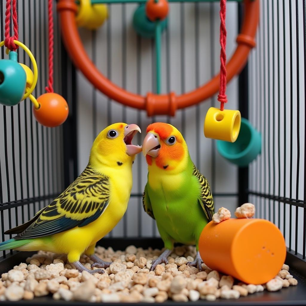 Society Finches playing with toys