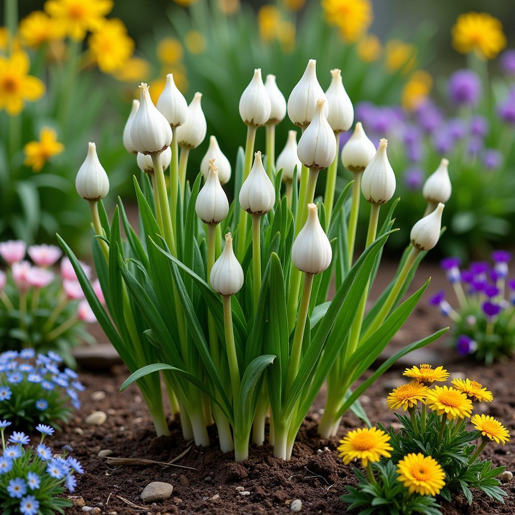 Society garlic thriving in a diverse garden setting