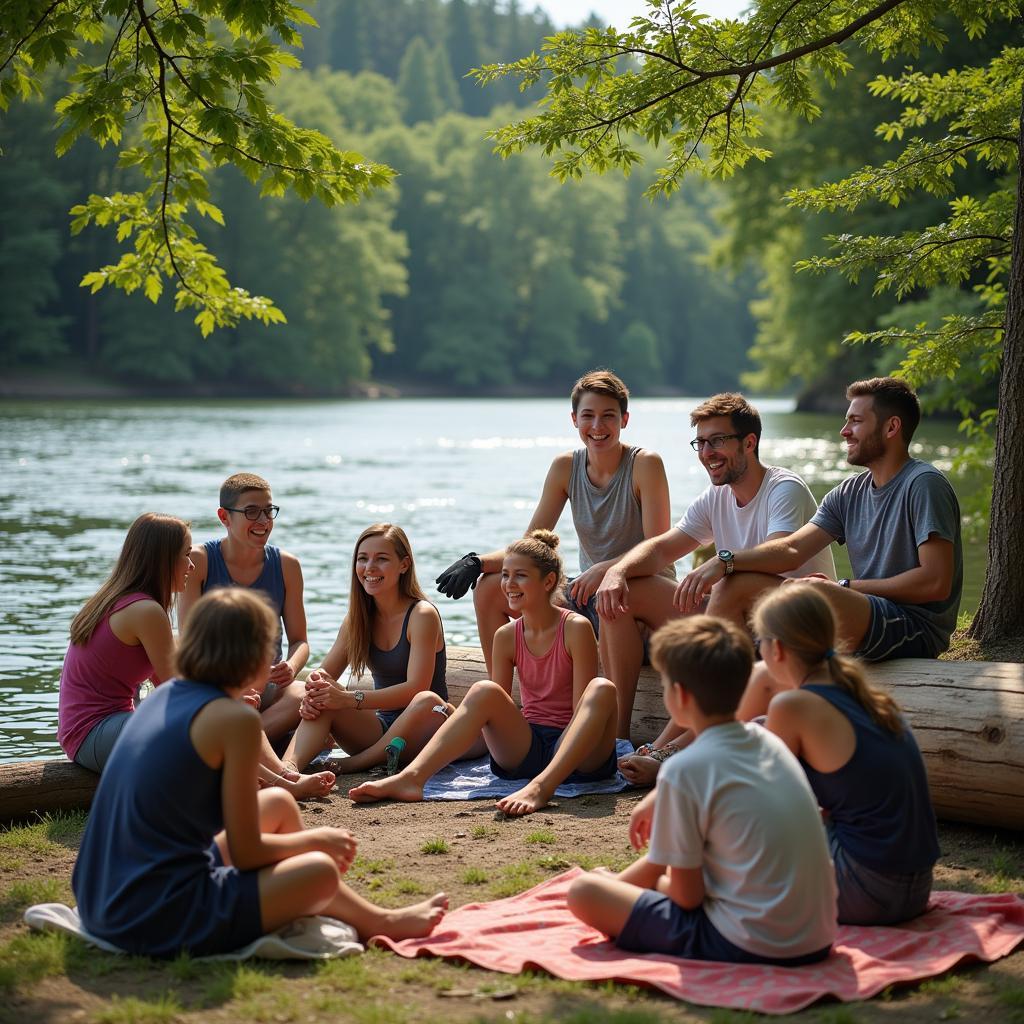 People gathering by a river, sharing stories and laughter