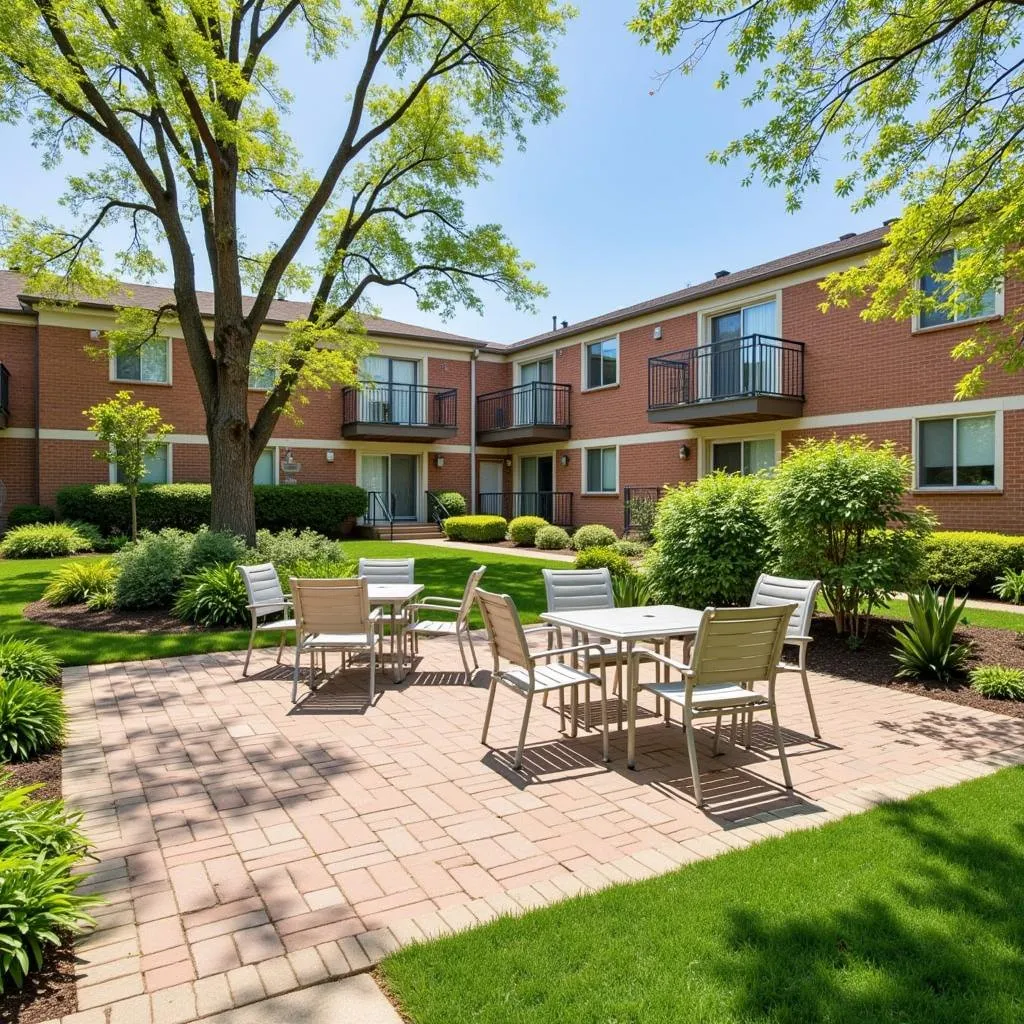 Exterior view of Society Hill Apartments with courtyard and garden