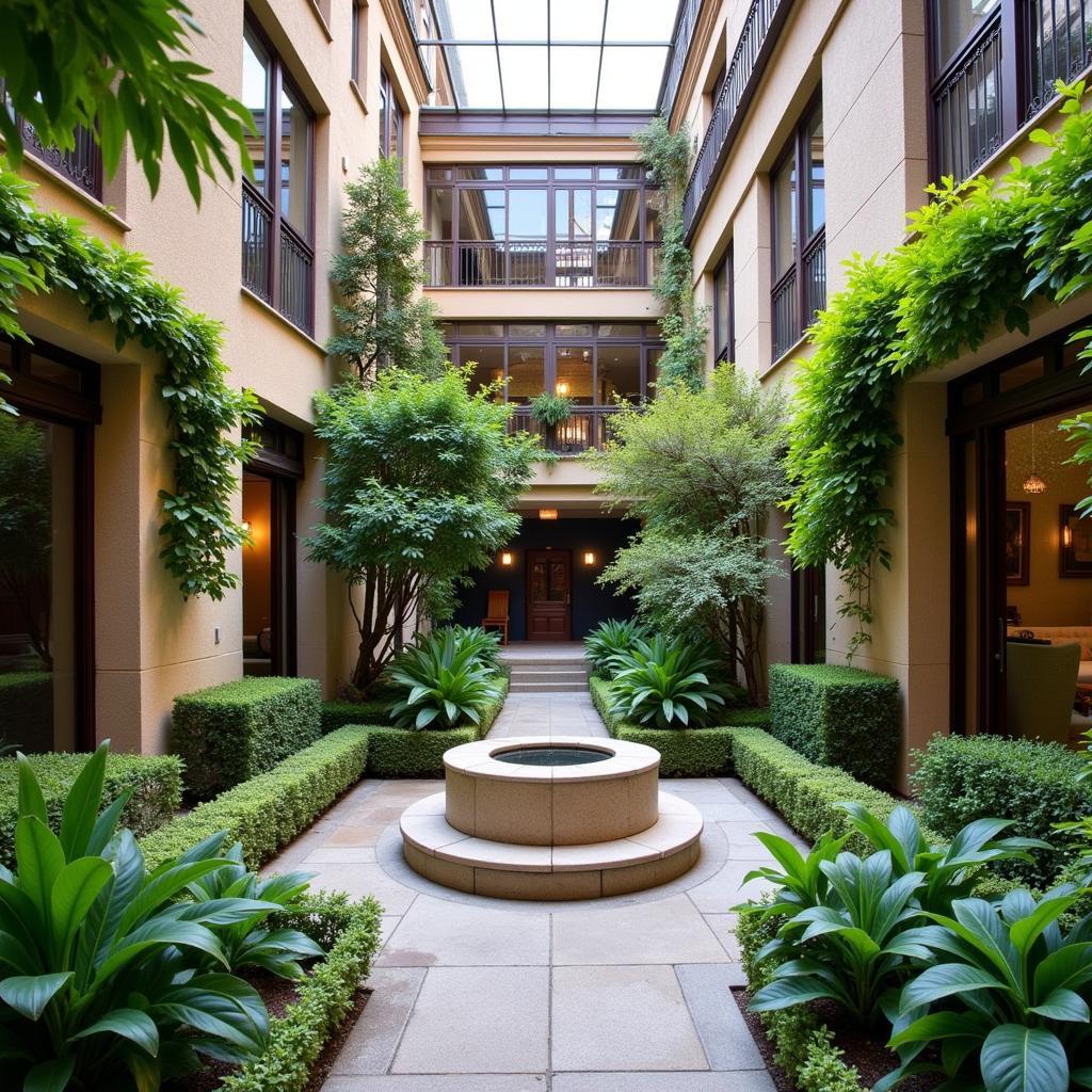 A peaceful courtyard with lush greenery and comfortable seating