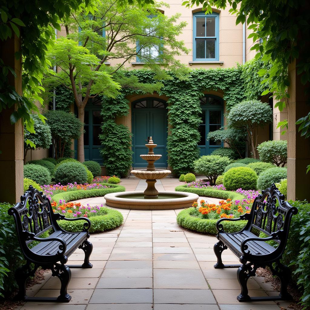 Peaceful courtyard garden of a Society Hill hotel with fountain and lush greenery