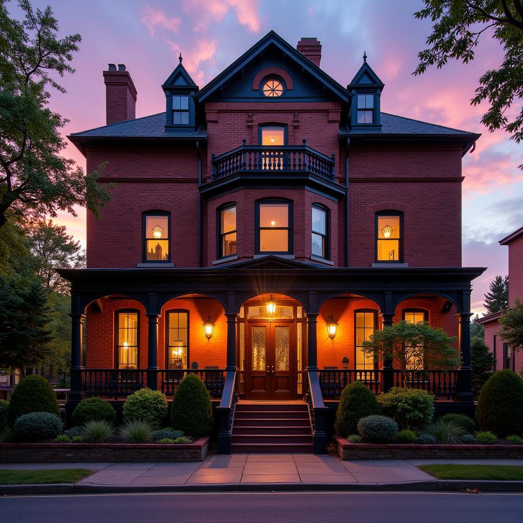 Society Hill Hotel exterior at dusk