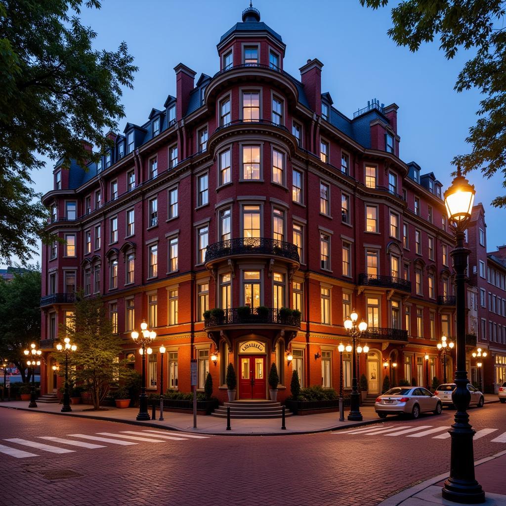 Historic Society Hill hotel exterior with gas lamps and cobblestone street