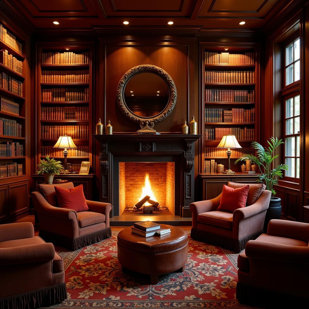 Elegant hotel library with antique bookshelves, fireplace, and comfortable seating