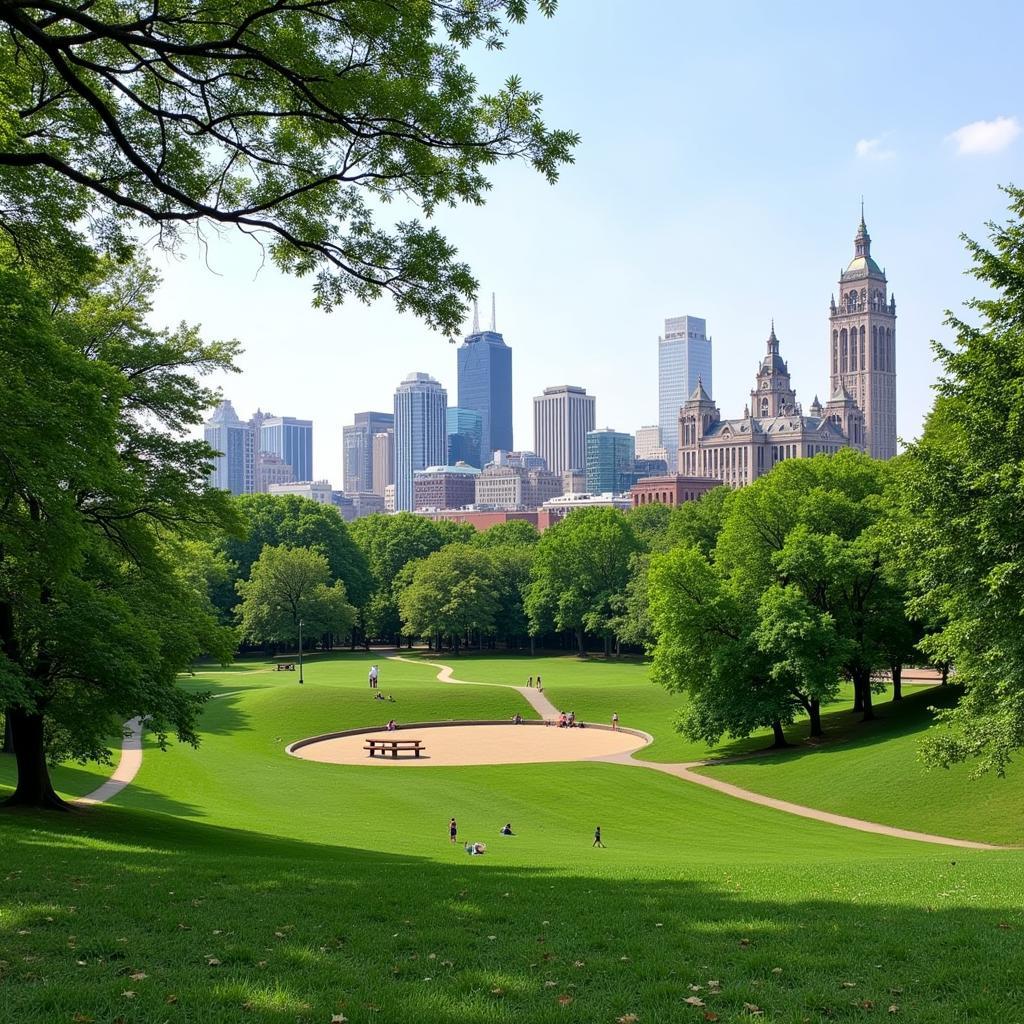 Society Hill park with city skyline in the background