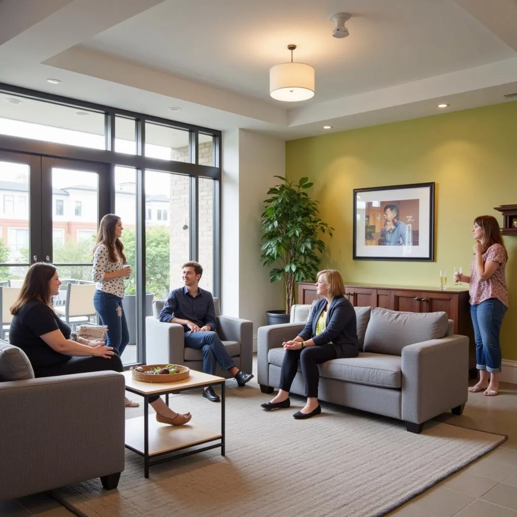 Residents socializing in the Society Hill Apartments community lounge