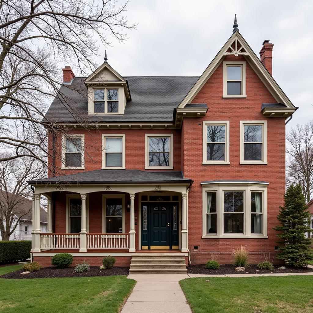 A well-preserved historic building with a plaque, surrounded by lush greenery.