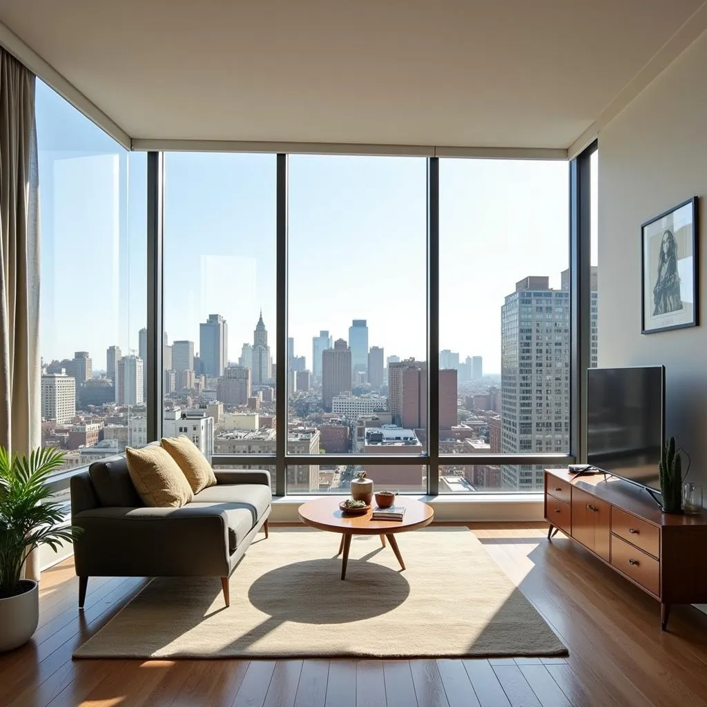 A spacious and modern living room interior in Society Hill Towers South Tower with large windows offering panoramic city views.