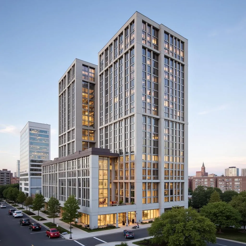 Exterior view of Society Hill Towers South Tower with its distinctive architectural design against the Philadelphia skyline.