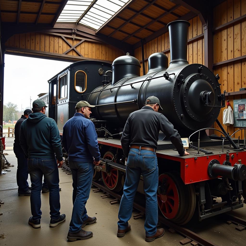 Society members restoring a vintage locomotive