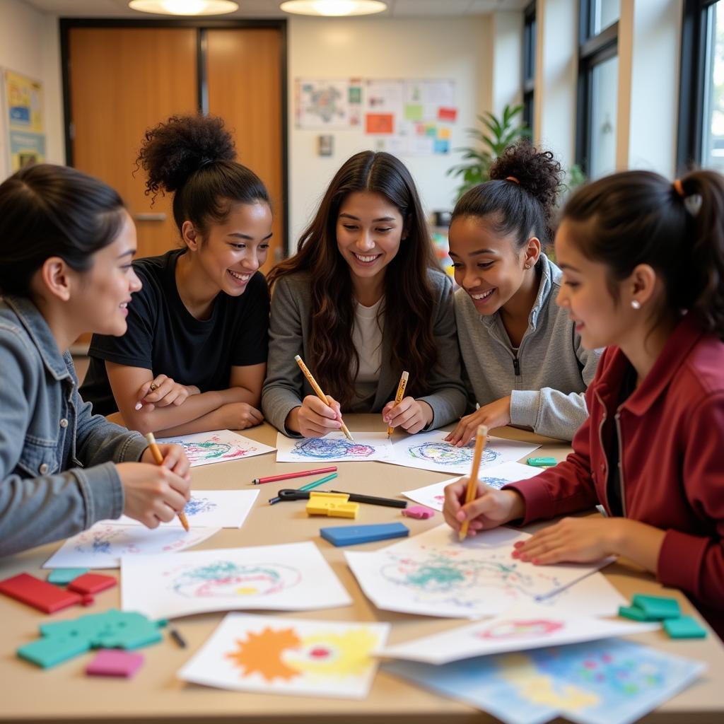 Students from diverse backgrounds participating in a collaborative art project at the Society Performers Academy