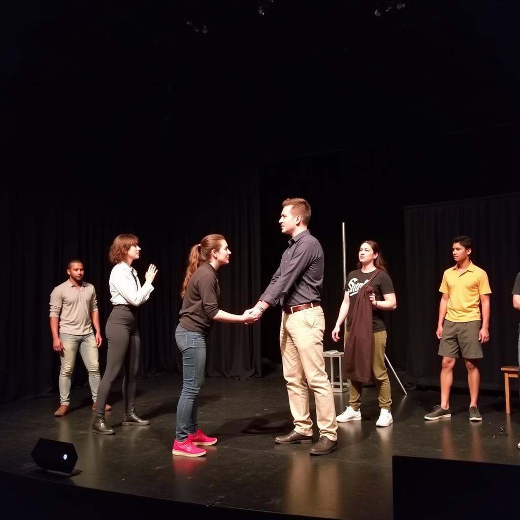 A scene from a theatrical performance at the Society Performers Academy highlighting themes of peace and reconciliation