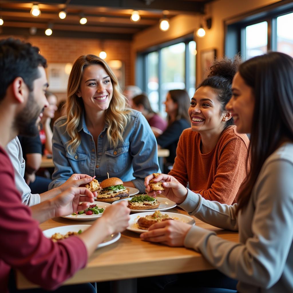 Diverse community members gathering at Society Pie Beaverton for a shared meal