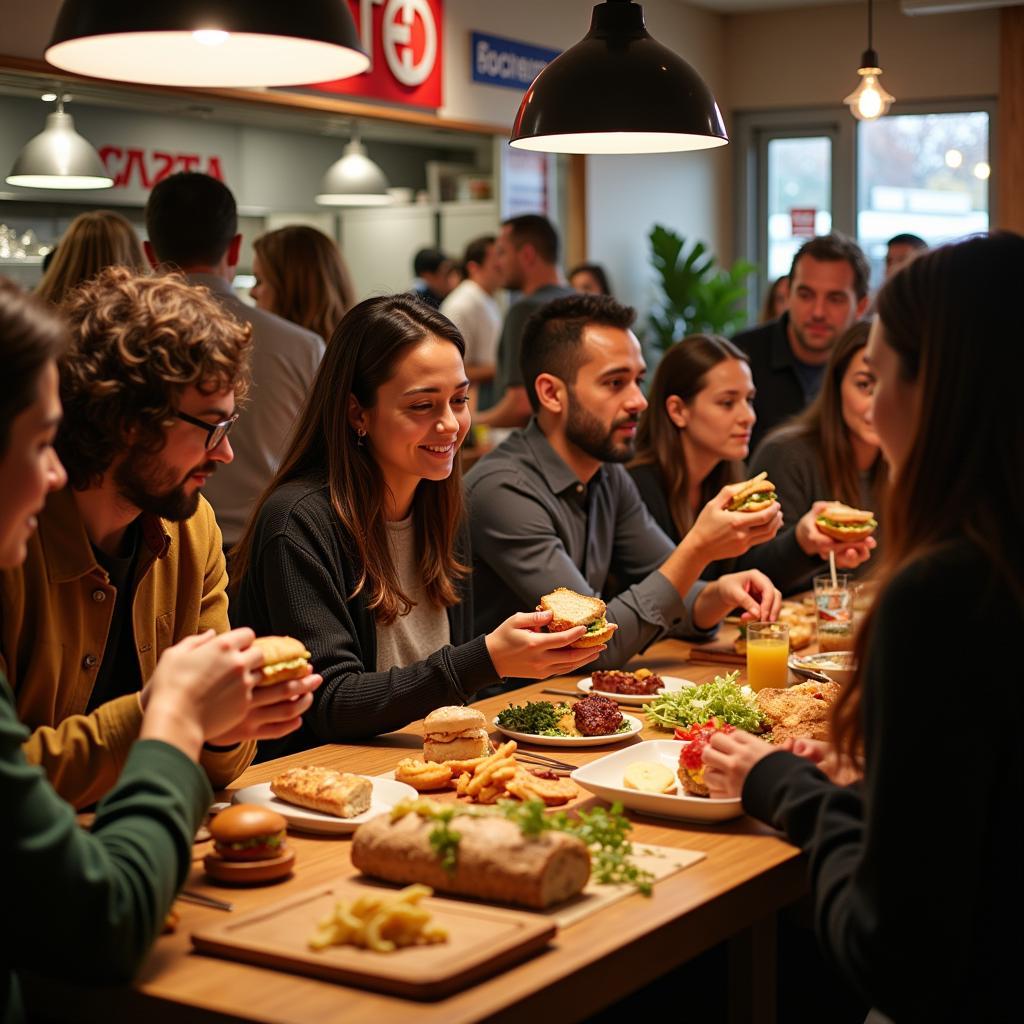 People from different cultures enjoying sandwiches and conversation at a society sandwich bar