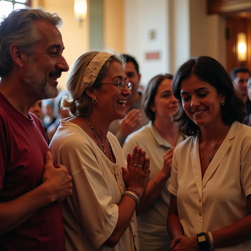 People gather in prayer and fellowship at a Society of Senhor da Pedra Inc event