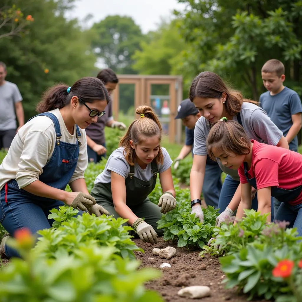 Volunteers working together in a community garden