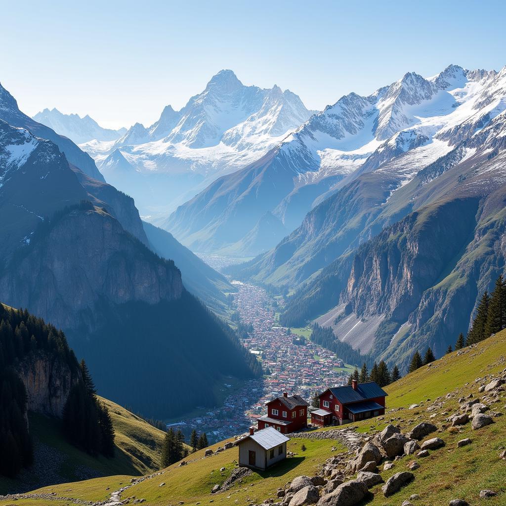 Remote village nestled in snow-capped mountains