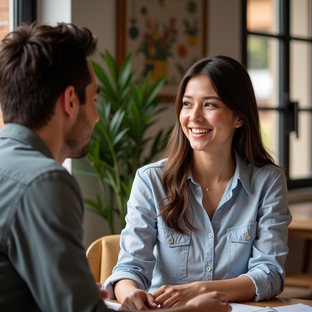 Two individuals engaged in deep conversation over coffee