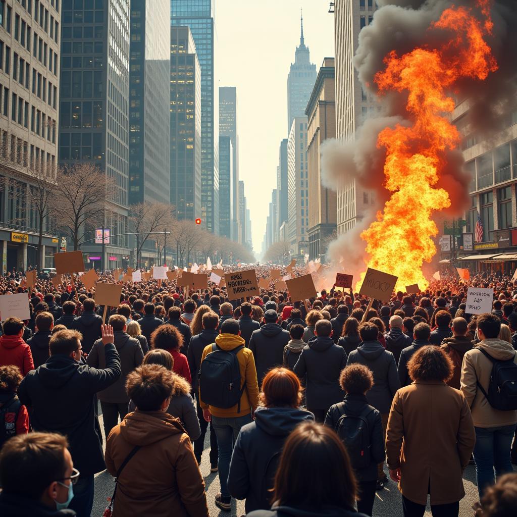 People protesting in the streets holding signs about peace and unity